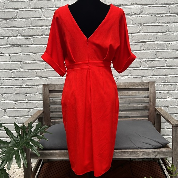 🟠 ASOS Petite Chic Red-Orange Crepe Midi Dress, size 8 - Picture 5 of 11